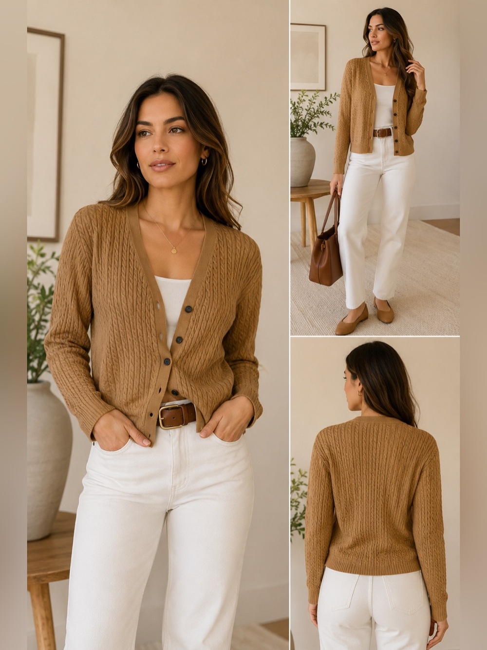 Ralph Lauren Cable Knit Cardigan Sweater Women’s Size L Camel Brown Button Front - Picture 1 of 16